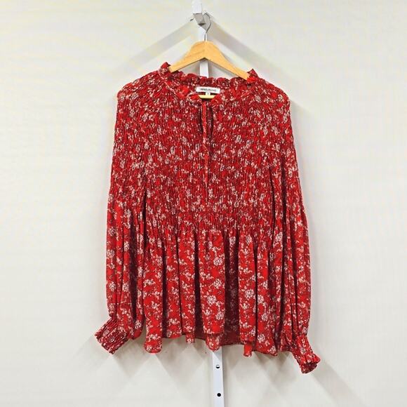 Rose + Olive Red Floral Print Romantic Top Blouse - Picture 1 of 5